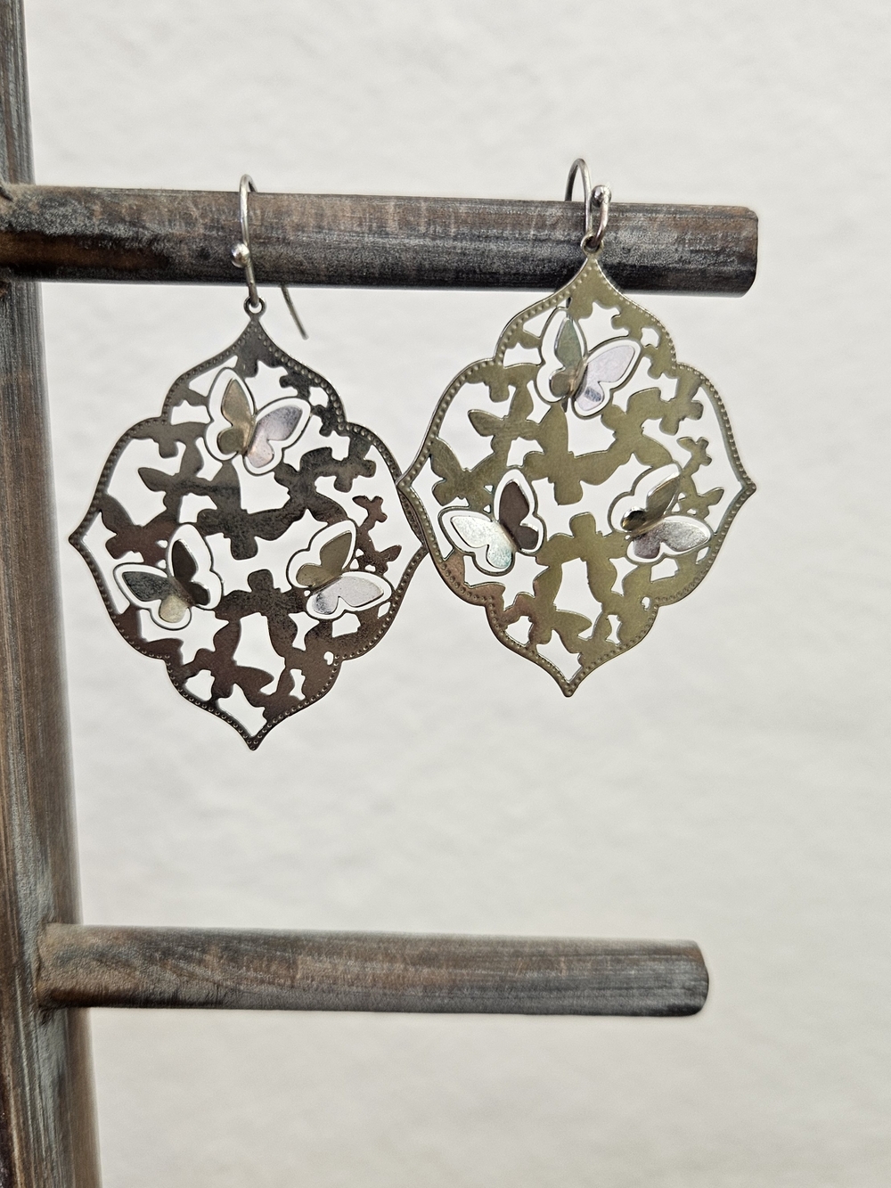 Butterfly Cutout Filigree Drop Earrings - Silver Tone